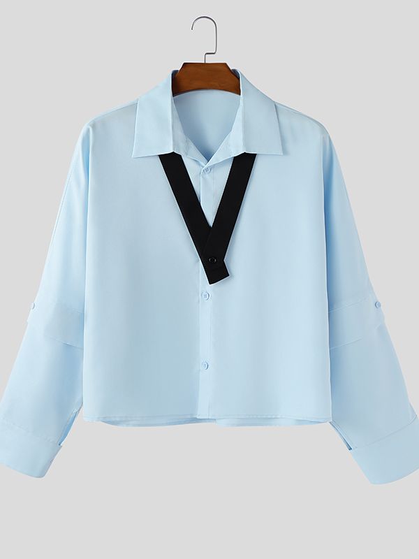 Men's Solid Color Layered Sleeve Long Sleeve Shirt SKUL43857