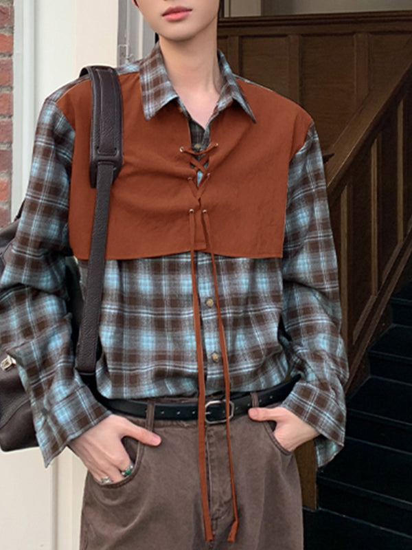 Men's Plaid Colorblock Faux Two-Piece Long Sleeve Shirt SKUL27296