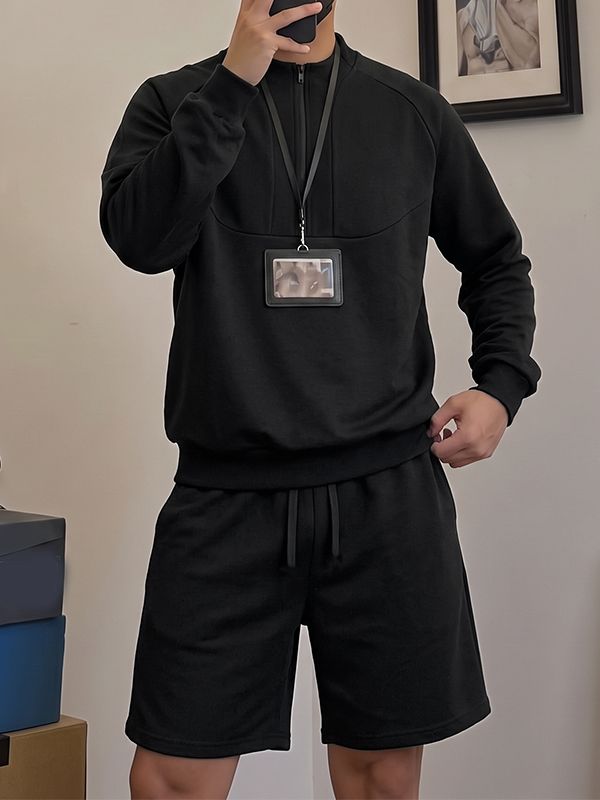 Men's Clean-Fit Minimalist City Walk Half-Zip Stand Collar Two Pieces Outfit SKUL84616