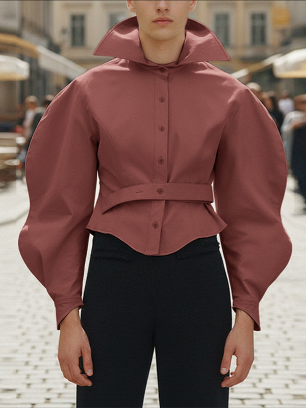 Men's Solid Color Cinched Waist Large Collar Wide Sleeve Shirt SKUL42663