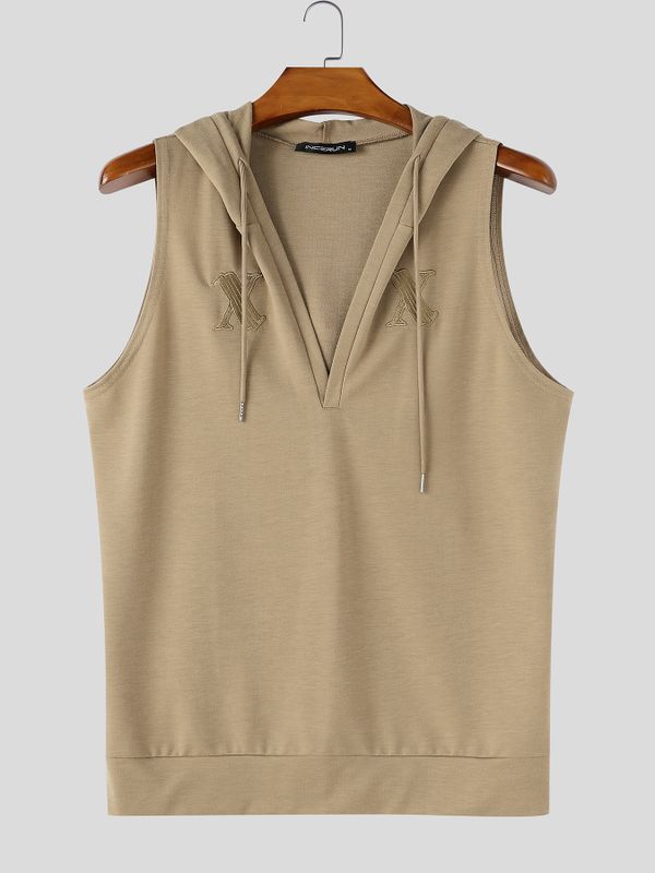 Men's Athletic Gym Deep Split V-Neck Drawstring Hood Muscle Cut Sleeveless Hooded Collar Tank SKUL80622