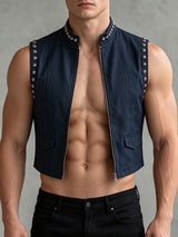 Men's Punk Rock Studded Crop Zipper Waistcoat SKUL63109