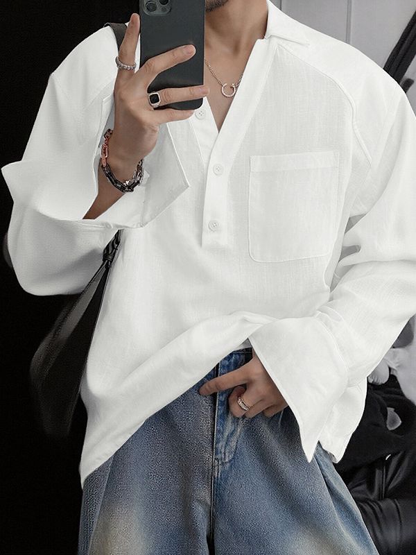 Men's Solid Color Small V Neck Long Sleeve Shirt SKUL35254