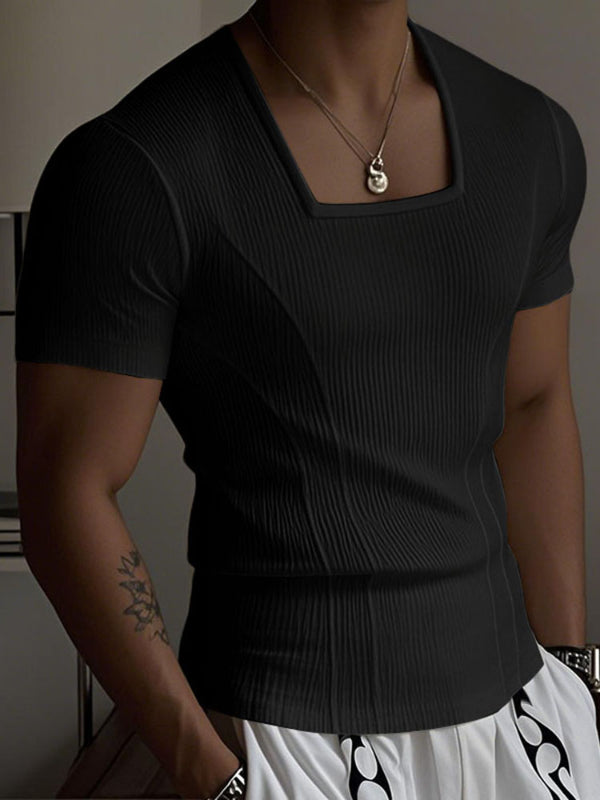 Mens Knit Textured Square Neck Short Sleeve T-Shirt SKUL22725