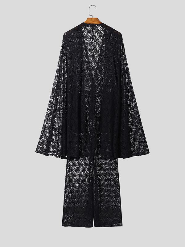 Men's Cape Patchwork Design Sheer Lace Jumpsuit SKUL53952