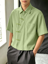 Men's Modern Zen Asymmetrical Slant-Placket Frog-Button Shirt SKUL58777