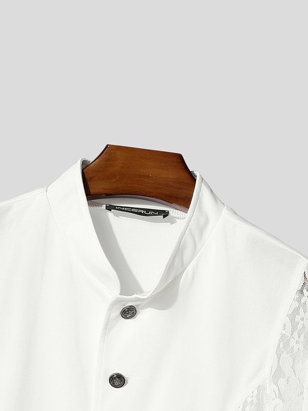 Men's Slim Fit Mandarin Collar Floral Lace Sleeves Shirt SKUL65339