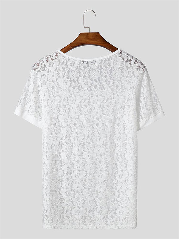 Mens Sheer Lace Square Neck Short Sleeve T-Shirt SKUL07028