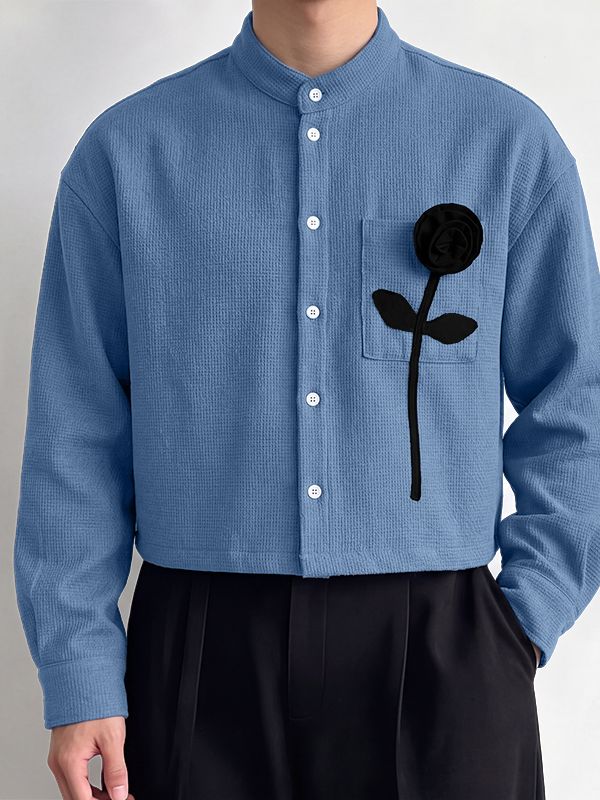 Men's Clean Fit 3D Rose Flower Patch Pocket Waffle Texture Long Sleeve Band Collar Shirt SKUL82419