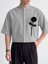 Men's Clean Fit Gallery 3D Floral Applique Chest Pocket Cropped Boxy Half Sleeve Stand Collar Shirt SKUL83946
