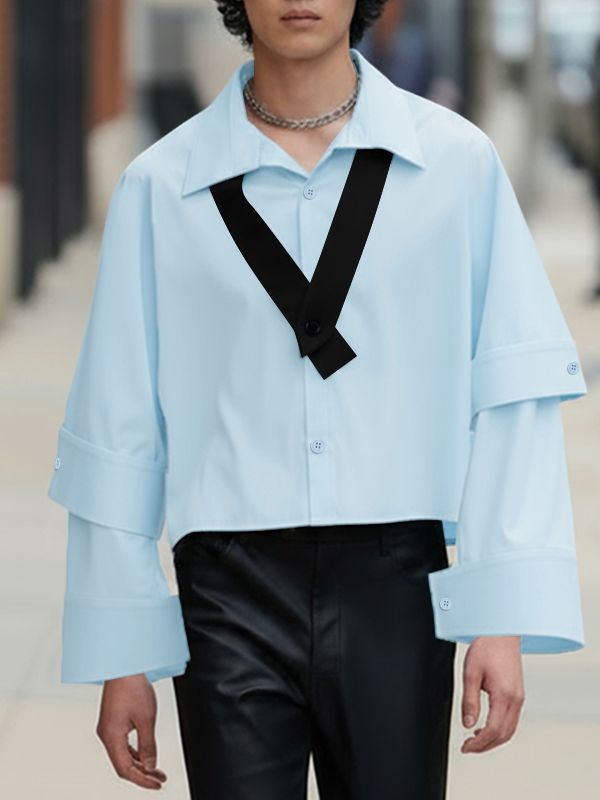 Men's Solid Color Layered Sleeve Long Sleeve Shirt SKUL43857