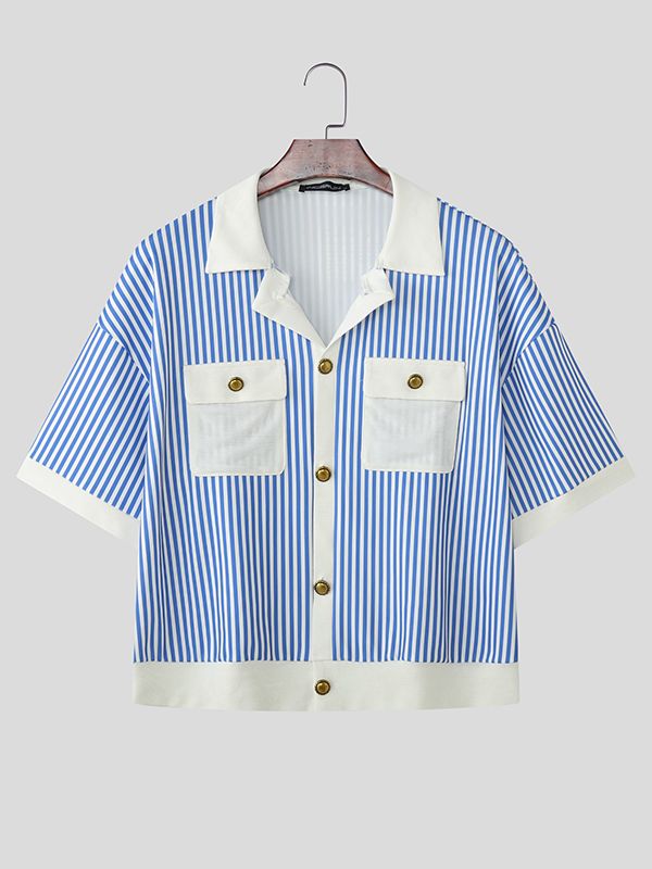 Men's Contrast Patchwork Striped Short Sleeve Shirt SKUL50764