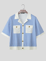 Men's Contrast Patchwork Striped Short Sleeve Shirt SKUL50764