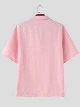 Men's Minimalist Crinkle Texture Chest Pocket Turn Down Collar Short Sleeve Shirt SKUL75726