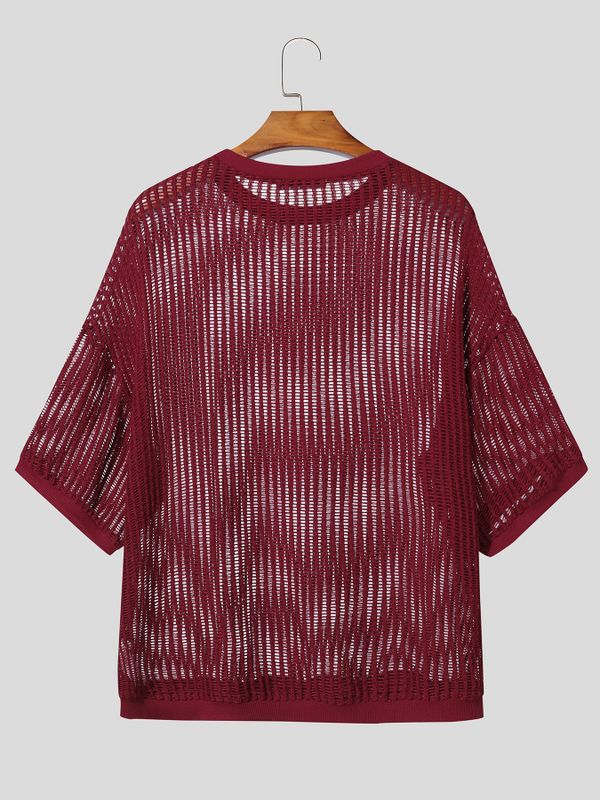 Men's Knit Hollow Out Loose Half Sleeve T-shirt SKUL54593