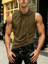 Men's Avant-Garde Asymmetrical Striped Sleeveless High Neck Deconstructed Shirt SKUL65183