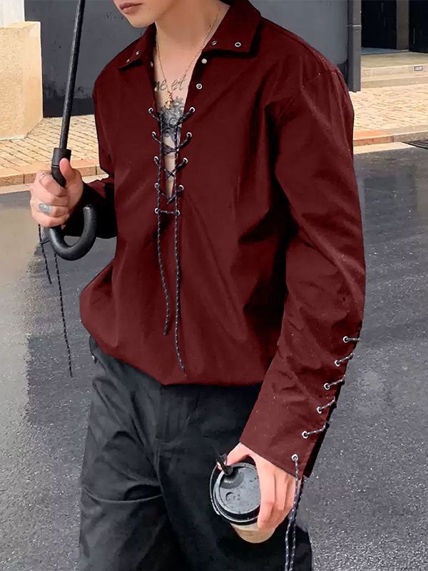 Men's Drawstring Eyelet Long Sleeve Shirt SKUL32839