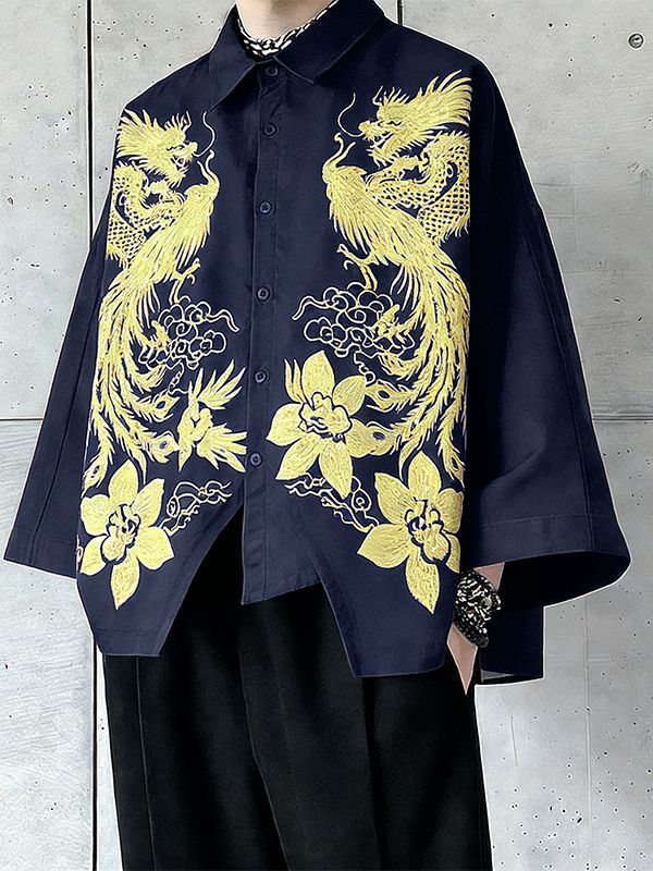 Men's New Chinese Style Dragon & Phoenix Print Asymmetrical Jagged Hem Shirt SKUL52937