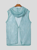 Men's Beach Resort Sheer Crochet Mesh Sleeveless Hooded Longline Cardigan SKUL71411
