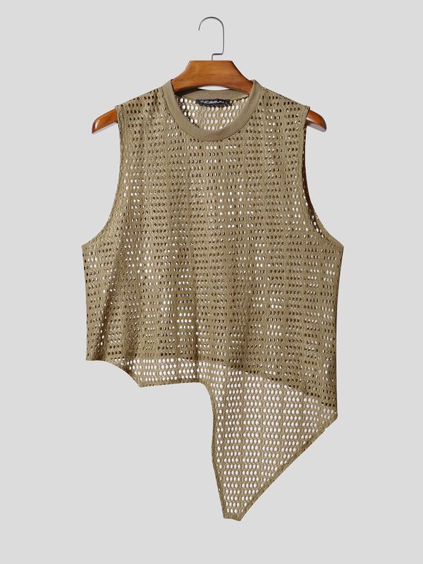 Men's Avant-Garde Asymmetric Sharp Pointed Hem Eyelet Crochet Mesh Knit Tank SKUL71310