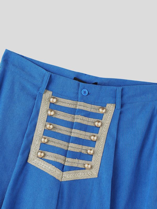 Men's Retro Avant-Garde Military Gold Frogging Embroidery Side Stripe Floor Length Wide Leg Pant SKUL76590