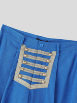Men's Retro Avant-Garde Military Gold Frogging Embroidery Side Stripe Floor Length Wide Leg Pant SKUL76590
