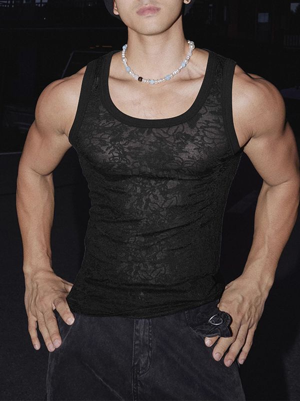 Men's Sheer Lace Jacquard Textured Tank SKUL54098