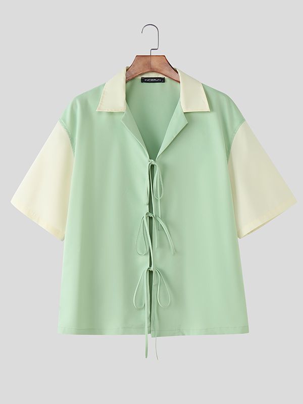 Men's Color Block Drawstring Patchwork Short Sleeve Shirt SKUL39357