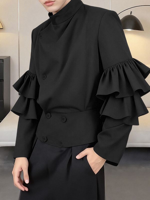 Men's Solid Drape Ruffled Patchwork Long Sleeve Shirt SKUL38916