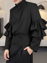 Men's Solid Drape Ruffled Patchwork Long Sleeve Shirt SKUL38916