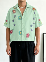 Men's Vintage Multicolored Floral Print Cropped Short Sleeve Shirt SKUL63058