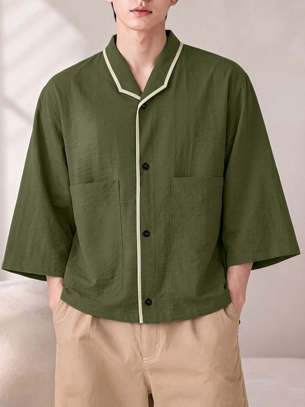 Men's Early Autumn Urban Casual Piped Edge Button Down Wide 3/4 Sleeve Lapel Collar Shirt SKUL81910