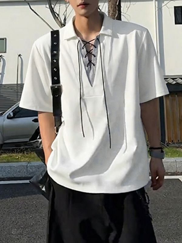 Men's Striped Eyelet Drawstring Half Sleeve Shirt SKUL50015