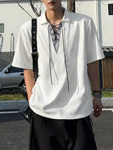 Men's Striped Eyelet Drawstring Half Sleeve Shirt SKUL50015