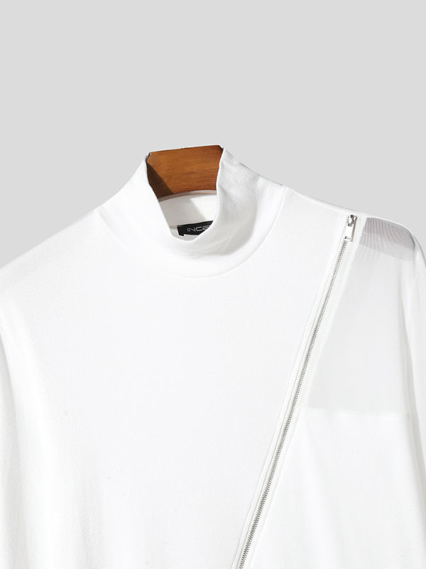 Men's One Side Long Hem Sheer Mesh Long Sleeve T-Shirt SKUL26092