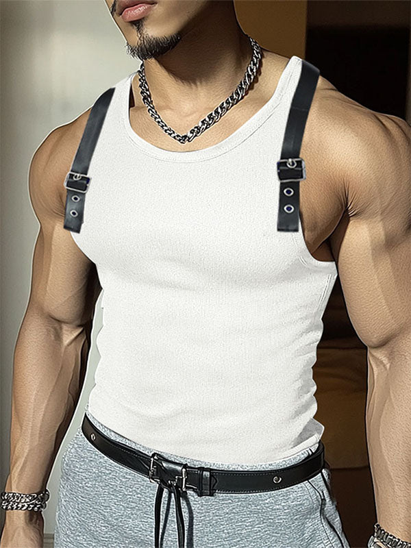 Mens Leather Strap Patchwork Knit Tank SKUL07639