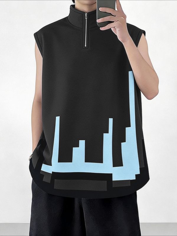 Men's Avant-Garde Pixelated Digital Graphic Quarter-Zip Tank SKUL61164