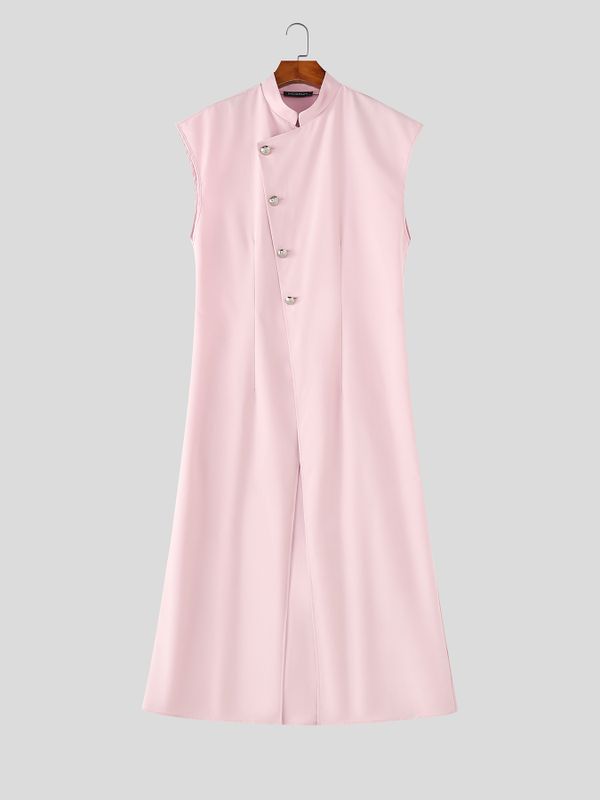 Men's Avant-Garde Asymmetrical Slant-Button High-Slit Sleeveless Floor-Length Shirt SKUL62064