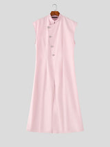 Men's Avant-Garde Asymmetrical Slant-Button High-Slit Sleeveless Floor-Length Shirt SKUL62064
