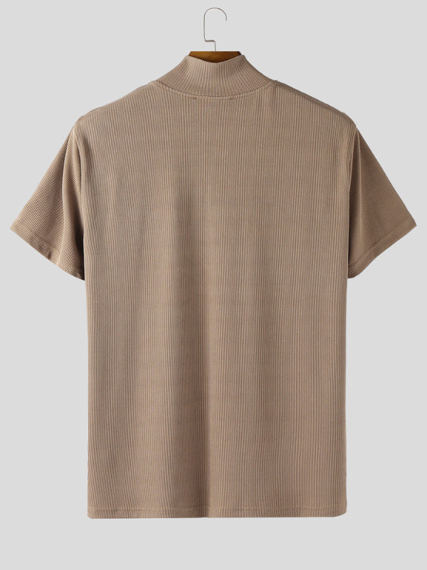 Mens Solid Color Textured Zipper Short Sleeve T-Shirt SKUL15196