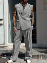 Mens Solid Color Double-Breasted Two Pieces Outfit SKUK78606