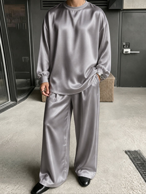 [Pre-order] Men's Smart Luxury Daily Lounging Glossy Satin Crewneck Two Pieces Outfit SKUL86940