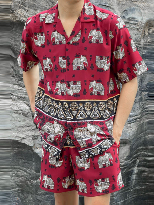 Mens Elephant Print Short Sleeve Two-Piece Suits SKUK60662