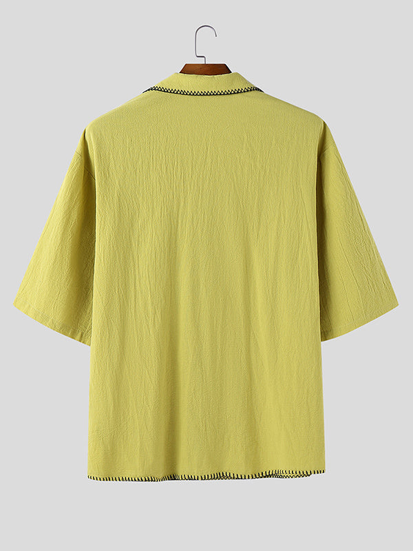 Mens Colorblock Cuban Collar Short Sleeve Shirt SKUL11573