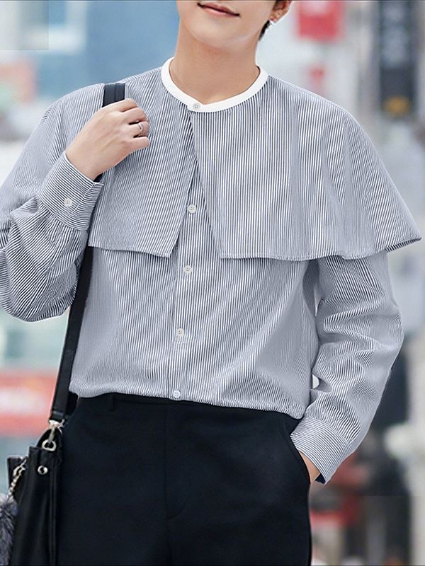 Men's Stripe Fake Two Piece Design Long Sleeve Shirt SKUL47788