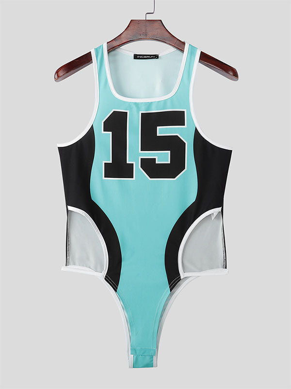 Men's Number Colorblock Print Side Cutout Bodysuit SKUL20997