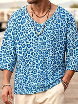 Men's Vintage Holiday Leopard Animal Print V Neck Three Quarter Sleeve T-shirt SKUL73712