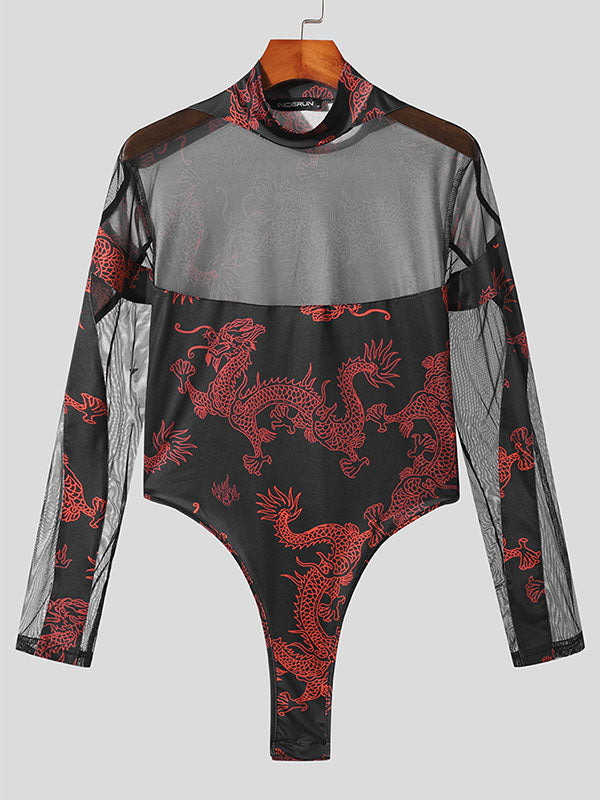 Mens Dragon Print Mesh Patchwork Bodysuit SKUK42103