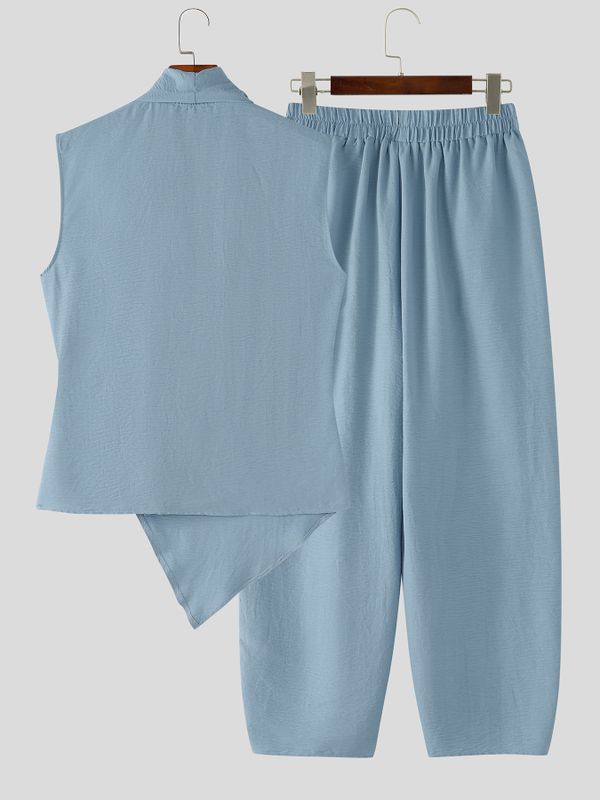 Men's Minimalist Zen Textured Asymmetrical Wrap Two Pieces Outfit SKUL74880