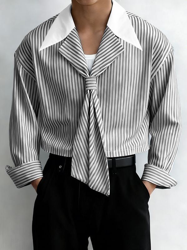 Men's Striped Contrast Color Lapel Long Sleeve Shirt SKUL45172